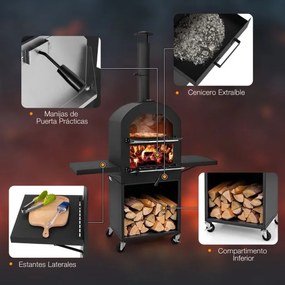 Forno para pizza para exterior com rodas Pedra para pizza Pá 2 grelhas Termómetro Prateleiras laterais para armazenamento Preto
