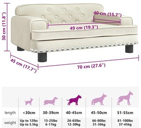 Cama para cães 70x45x30 cm veludo cor creme