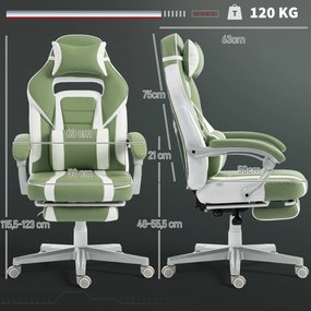 Cadeira Gamer Reclinável com Altura Ajustável Apoio para os Pés Retrátil Suporte Lombar e Almofada de Cabeça Amovível Verde