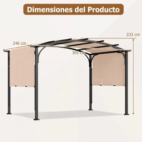 Pérgola Retrátil de Exterior, 305 x 242 x 233 cm, Cobertura Arqueada, Cáqui