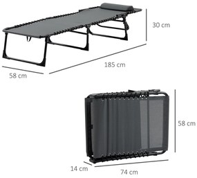 Espreguiçadeira Dobrável de Jardim com Encosto Ajustável Apoio para a Cabeça Acolchoado Bolso Lateral 185x58x30 cm Cinza