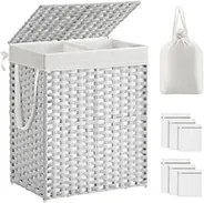 Cesto da roupa suja branco, 90 L, 33 x 46 x 60 cm com 2 compartimentos, trançado à mão e com tampa Branco