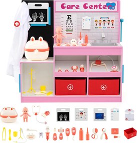 Consultório médico em madeira para Crianças 85 x 25 x 80 cm com área de exame, filme de raios X, monitor de ECG e tabela optométrica rosa