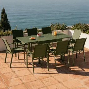 Conjunto De Mesa Extensível 90-180x90 Cm Em Alumínio Starmi E 8 Cadeiras De Jardim Empilháveis Em Alumínio Karena Verde Azeitona Intenso - Sklum