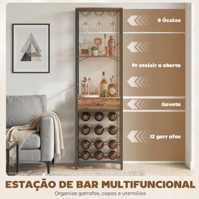 Móvel de Bar para Vinhos com Suporte de Copos e Gaveta Garrafeira para 12 Garrafas com Prateleira Aberta Castanho Rústico