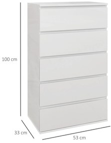 HOMCOM Cómoda com 5 Gavetas de Madeira Cómoda de Dormitório Cómoda Branca para Sala de Estar Estilo Moderno 53x33x100 cm Branco