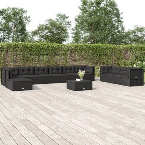 vidaXL 11 pcs conjunto lounge de jardim c/ almofadões vime PE preto
