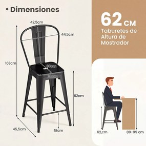 Conjunto de 4 Bancos de Bar com Encosto Alto, 45,5 x 44,5 x 103 cm, Estrutura Metálica Robusta, Preto
