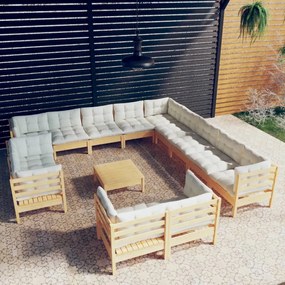 vidaXL 14 pcs conjunto lounge jardim c/ almofadões creme pinho maciço