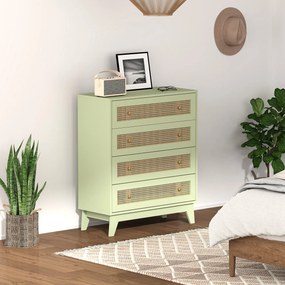 Cómoda com 4 gavetas 80 x 35 x 95 cm, móvel de arrumação em vime com efeito de madeira clara, verde