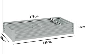 Floreira retangular, floreira elevada em aço galvanizado, fundo aberto, 180 x 90 x 30 cm, cinzento prateado