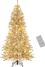 Árvore de Natal artificial nevada com 210 cm, 65 luzes esféricas, 350 luzes LED brancas quentes, 905 pontas de ramos e temporizador prateado