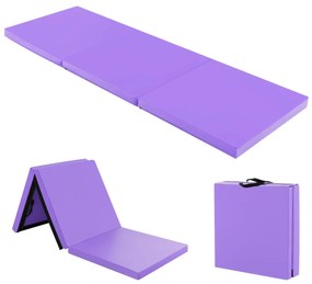 Tapete de exercícios portátil, leve e dobrável de 3 painéis com 2 pegas Ginástica compacta com enchimento de espuma EPE 180 x 60 x 5 cm Púrpura