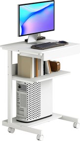 Secretária de computador com rodas, secretária com arrumação 56 x 51 cm com gaveta, compartimento e suporte para CPU, branca