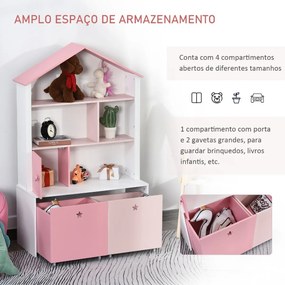 Estante de Madeira Infantil Estante de Livros para Crianças com 4 Compartimentos 1 Porta e 2 Gavetas Removíveis com Rodas para Livros Brinquedos 80x34