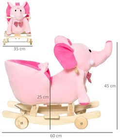 Cavalo Baloiço com Rodas e Forma de Elefante com Músicas Infantis e Cinto de Segurança 60x35x45 cm Rosa