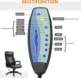 Cadeira de escritório com função de massagem, ergonómica de grande conforto, altura ajustável, encosto reclinável, revestimento sintético preto