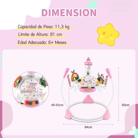 Centro de atividades para bebés com saltador, 6 brinquedos, luzes, música, 3 alturas ajustáveis, mesa giratória 360° para 6+ meses, rosa