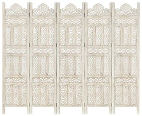 vidaXL Biombo esculp. mão 5 painéis 200x165cm mangueira maciça branco