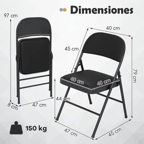 Conjunto de 2 cadeiras cozinha dobráveis com estrutura metálica em couro sintético Preto