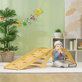 Arco de escalada infantil 4 em 1, cadeira de baloiço, rampa de escalada de dupla face e almofada, 168 x 49,5 x 39,5 cm, madeira natural