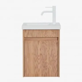 Conjunto De Móvel De Casa De Banho Suspenso Em Madeira Com Lavatório Integrado Narek Sem Espelho & Castanho Fresno & Branco ↑20 Cm Com Válvula De Dren