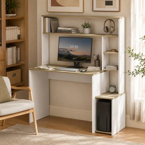 Secretária para computador, 114 x 45 x 138 cm, secretária com arrumação, prateleiras abertas e suporte para o computador, branco e natural