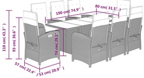 9 pcs conj. jantar jardim c/ almofadões vime PE bege misturado