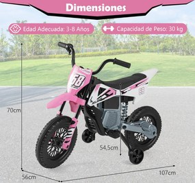 Mota elétrica para crianças 12V com rodas de treino removíveis e suspensão com molas Rosa