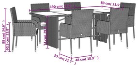 7 pcs conjunto de jantar p/ jardim c/ almofadões vime PE cinza