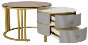Mesa de Café Redonda 2-em-1 em MDF com Tampo Brilhante e Tampo em Vidro Temperado Marrom, Combinação de Mesa de Sala de Estar com 2 Gavetas, Cinza