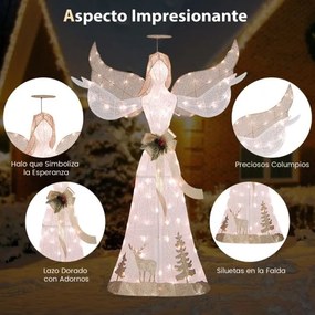 Anjo de Natal iluminado com 100 luzes brancas quentes, halo, laço e estacas para o solo 103 x 45 x 150 cm Branco + Dourado