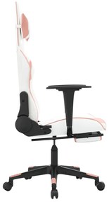 Cadeira gaming com apoio p/ pés couro artificial branco e rosa