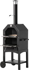 Outsunny Forno de Pizza Exterior com 2 Camadas Forno a Lenha com Rodas Gaveta Removível Prateleira para Jardim 64x54x160 cm Preto | Aosom Portugal