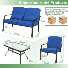 Conjunto de móveis jardim de 4 peças com 2 cadeiras Cadeira individual sofá de 2 lugares Mesa de vidro temperado para jardim Varanda Terraço Azul