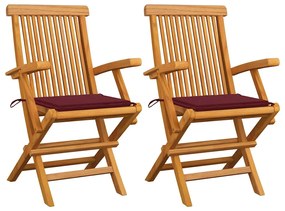 vidaXL Cadeiras jardim c/ almofadões vermelho tinto 2 pcs teca maciça