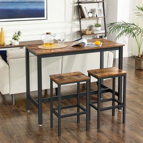 Conjunto Mesa de bar de aspeto industrial com 2 bancos de bar castanho vintage