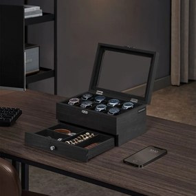 Caixa para relógios com 8 compartimentos e tampa de vidro 19 x 27 x 12,5 cm, na cor Preto