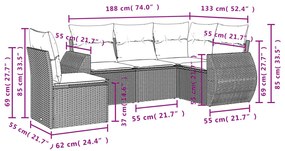5 pcs conjunto sofás p/ jardim c/ almofadões vime PE castanho