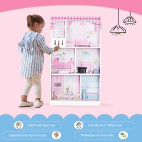 HOMCOM 2 em 1 binquedo de cozinha Casa de bonecas 3 andares com 12 acessórios incluidos para crianças acima de 3 anos 60x 48x 106 cm rosa