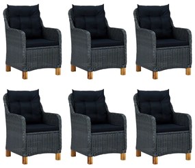 7 pcs conj. jantar exterior c/ almofadões vime PE cinza-escuro