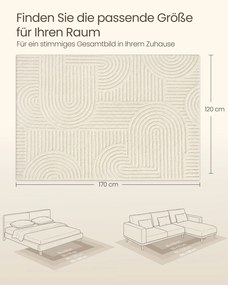 Tapete sala, quarto 3D 170 x 120 cm, lavável na máquina e antiderrapante branco creme