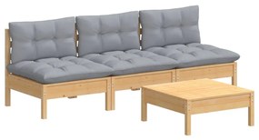 4 pcs conjunto lounge de jardim c/ almofadões cinzentos pinho