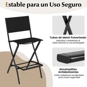 Conjunto de 2 bancos Bar dobráveis para varanda, jardim e piscina com estrutura metálica e apoio para os pés  Carga de 150 kg 46 x 57 x 102 cm Preto