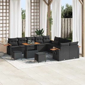 Conjunto de Sofá de Jardim vidaXL 13 Peças com Almofadas Preto Rattan Sintético Acácia