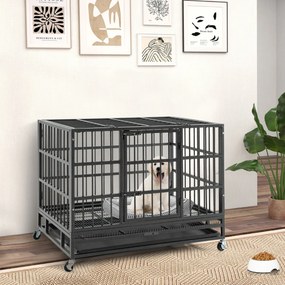 Parque Jaula dobrável para cães de 96 cm com rodas, fechadura, tabuleiro amovível, 2 portas, portátil, interior e exterior, preto