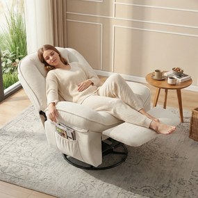 Poltrona reclinável em tecido felpudo, poltrona de relaxamento giratória a 360°, assento largo, bolsos laterais, creme