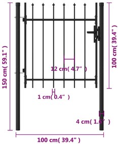 Portão de vedação individual com topo em espeto aço 1x1m preto
