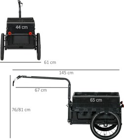 Reboque para bicicleta com caixa de arrumação removível e dobrável de 65 L, refletores de segurança, carga máxima de 40 kg, preto