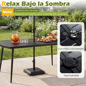 Mesa de jantar jardim retangular (CADEIRAS NÃO INCLUIDAS) 160 x 90 cm com orifício para guarda-sol de 4 cm, tampo com ripas metálicas, para pátio ou j